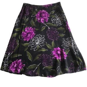 Jones Wear Black Purple Floral A-line Flare Midi Skirt Lined High Waist